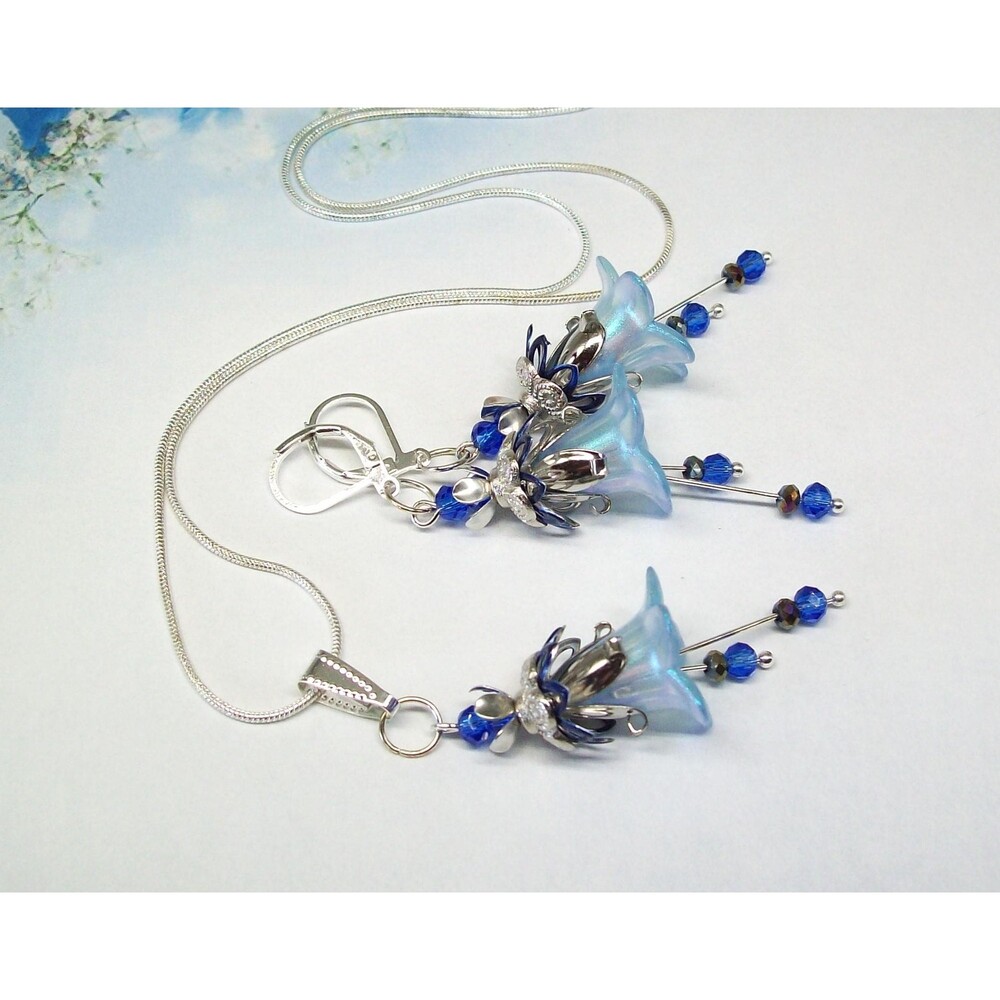 Blue Floral Boho Jewelry Set, Silver, Hand Painted Artisan Crafted Flower Jewelr